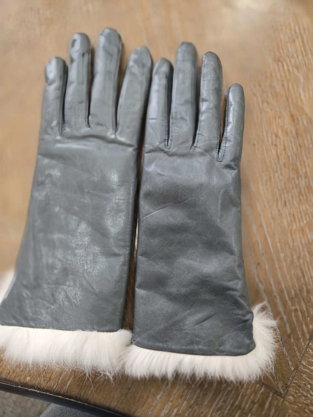 Women's Black Leather Gloves with White Faux Fur Trim